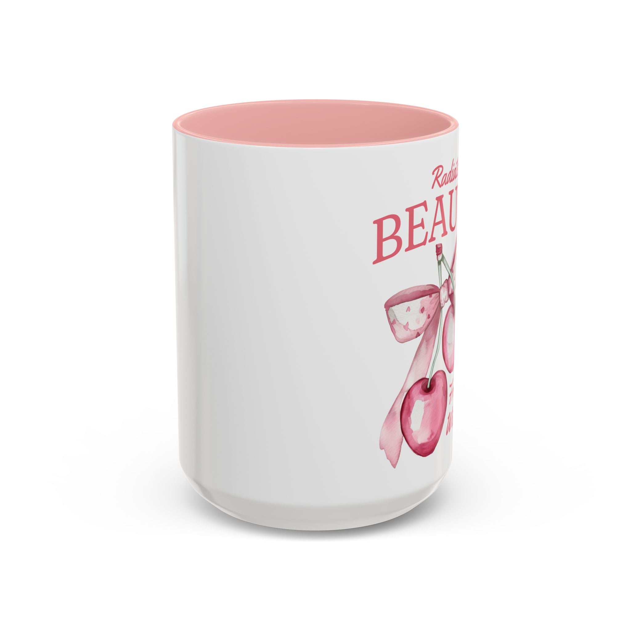 Personalized Coquette Cherry Mug, Radiate Beauty Design, Watercolor Bow Aesthetic Cup