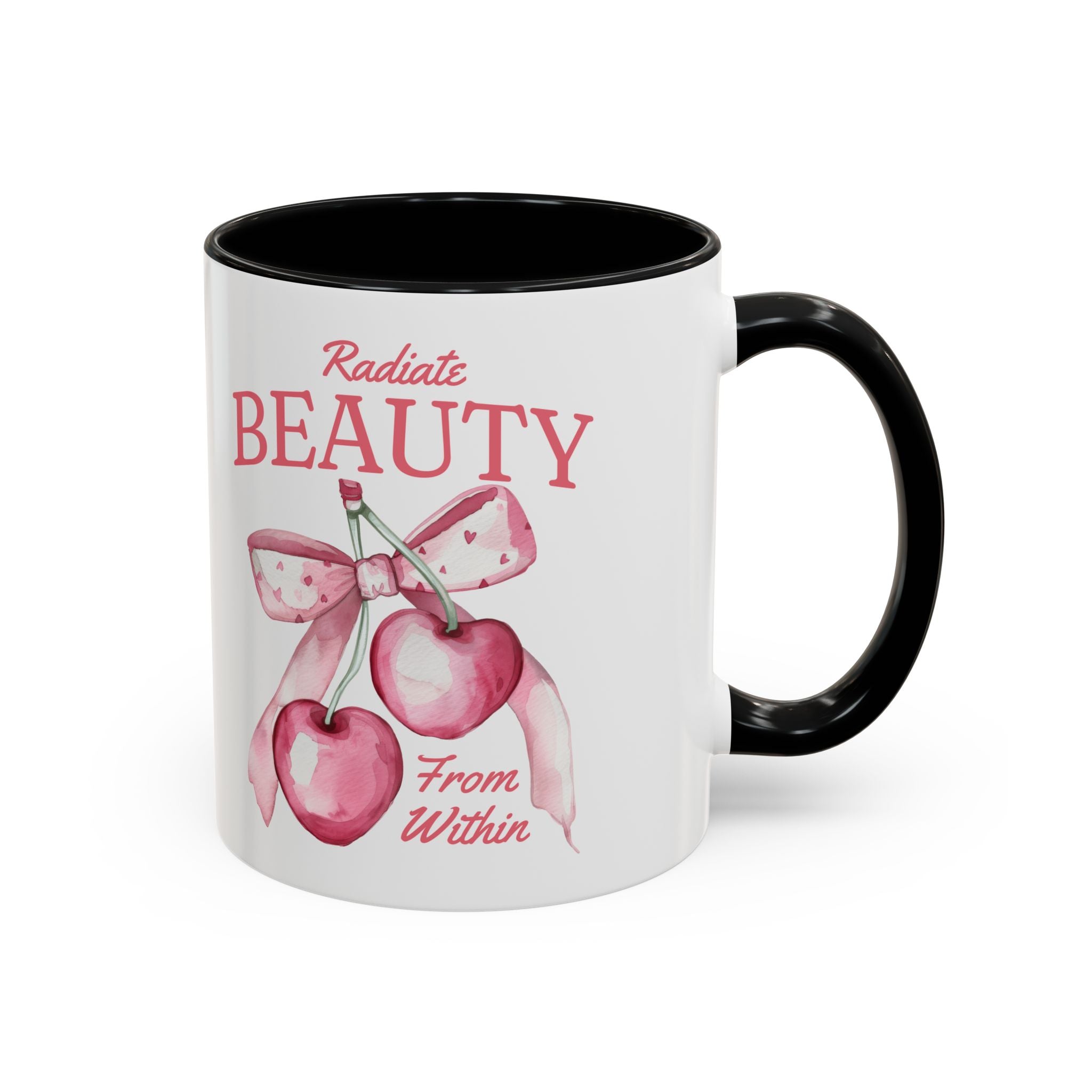 Personalized Coquette Cherry Mug, Radiate Beauty Design, Watercolor Bow Aesthetic Cup