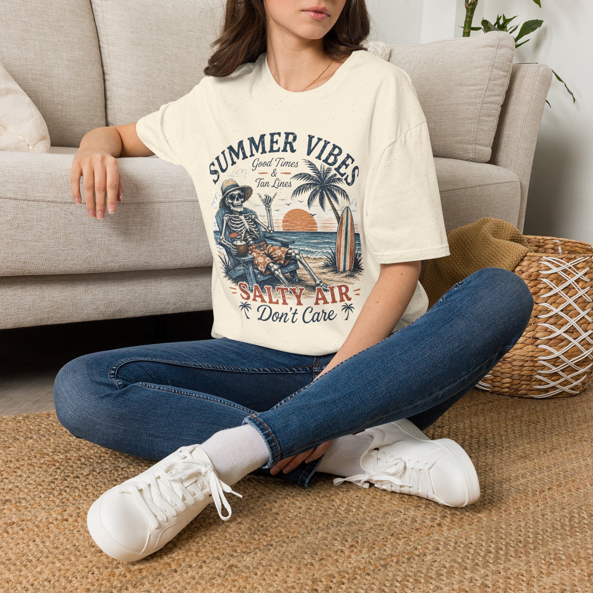 Salty Air Don't Care Skeleton Beach T-Shirt | Vintage Summer Vibes Graphic Tee | Retro Beach Vacation Shirt