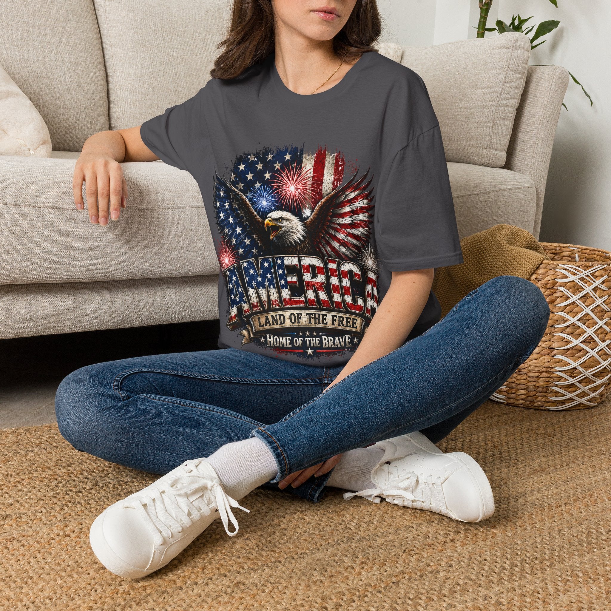 Vintage American Eagle Patriotic T-Shirt | Land of the Free Home of the Brave | USA Flag Graphic Tee