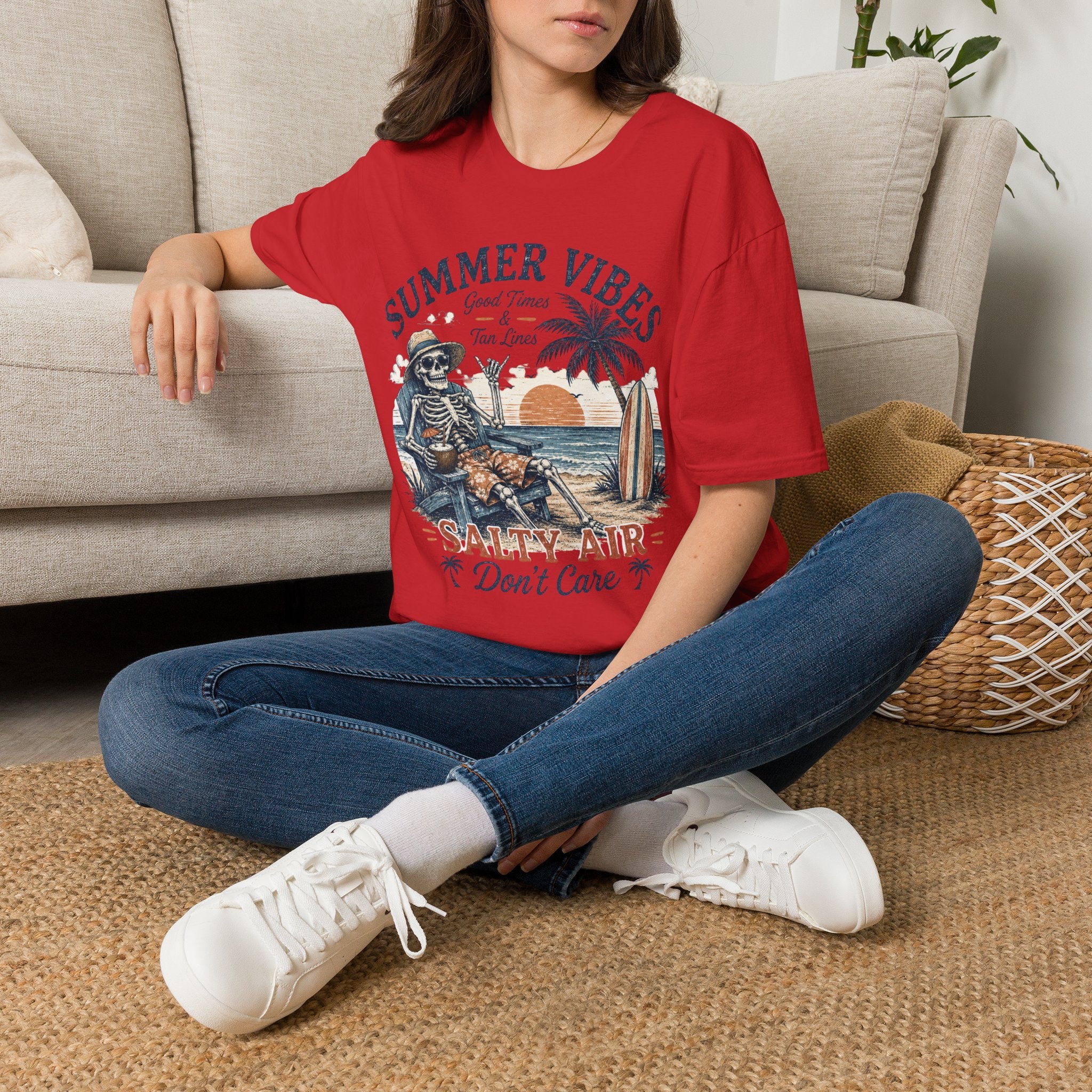 Salty Air Don't Care Skeleton Beach T-Shirt | Vintage Summer Vibes Graphic Tee | Retro Beach Vacation Shirt