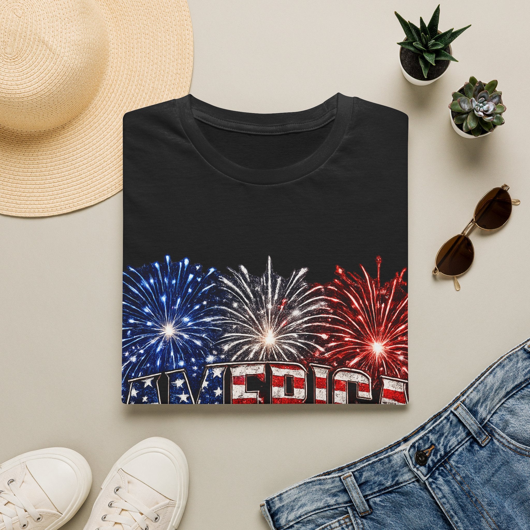 America Fireworks Patriotic T-Shirt | USA Flag Graphic Lightweight Tee | Independence Day