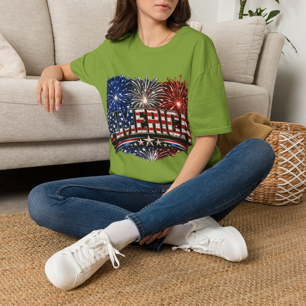 America Fireworks Patriotic T-Shirt | USA Flag Graphic Lightweight Tee | Independence Day