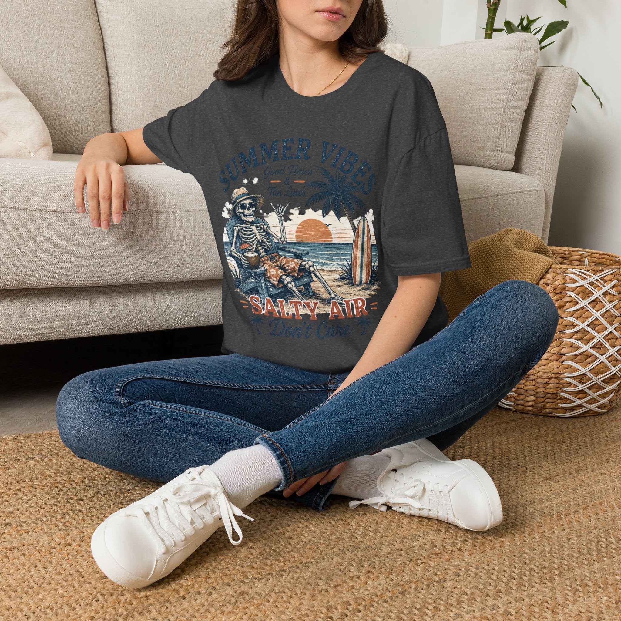 Salty Air Don't Care Skeleton Beach T-Shirt | Vintage Summer Vibes Graphic Tee | Retro Beach Vacation Shirt
