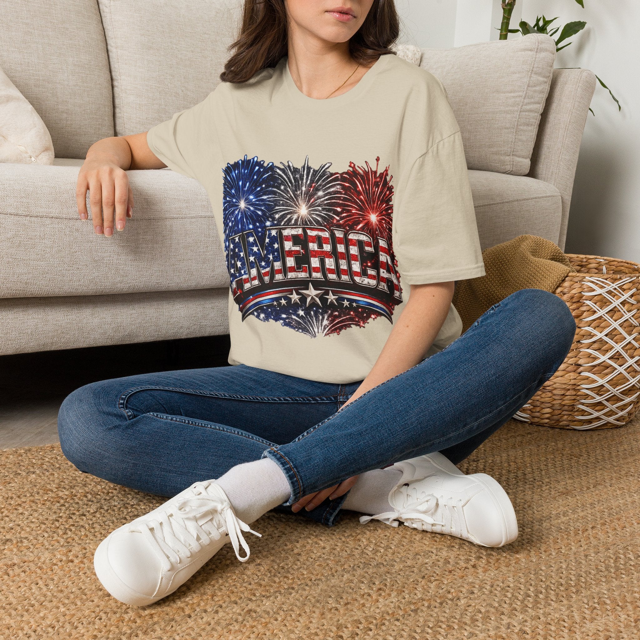 America Fireworks Patriotic T-Shirt | USA Flag Graphic Lightweight Tee | Independence Day