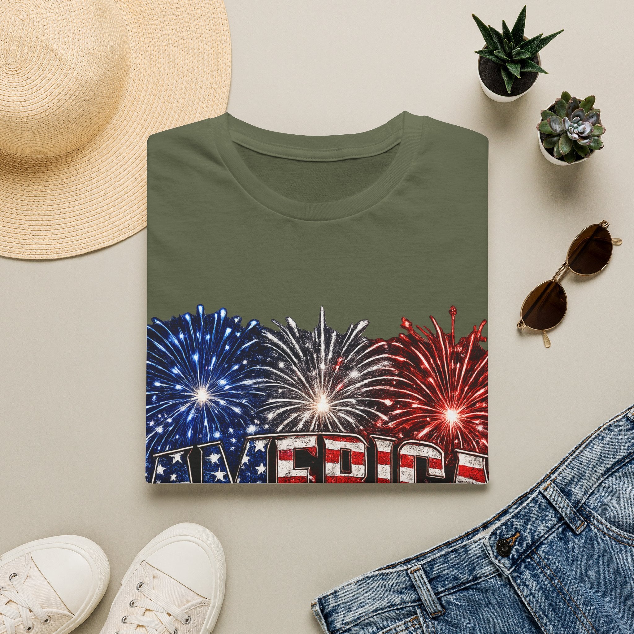 America Fireworks Patriotic T-Shirt | USA Flag Graphic Lightweight Tee | Independence Day