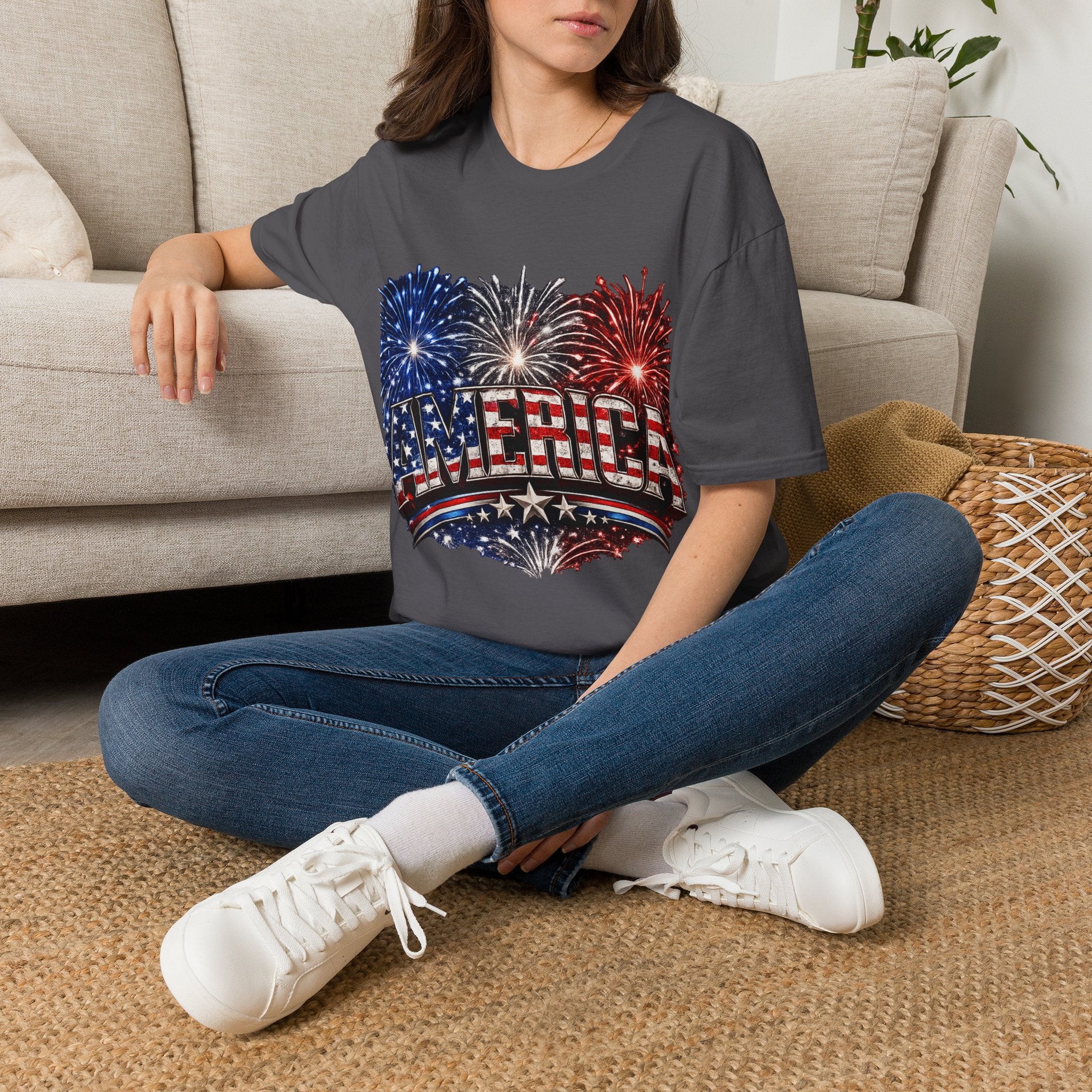 America Fireworks Patriotic T-Shirt | USA Flag Graphic Lightweight Tee | Independence Day