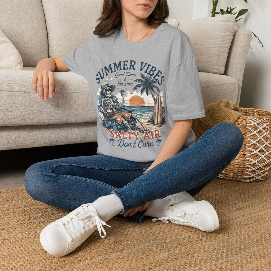 Salty Air Don't Care Skeleton Beach T-Shirt | Vintage Summer Vibes Graphic Tee | Retro Beach Vacation Shirt