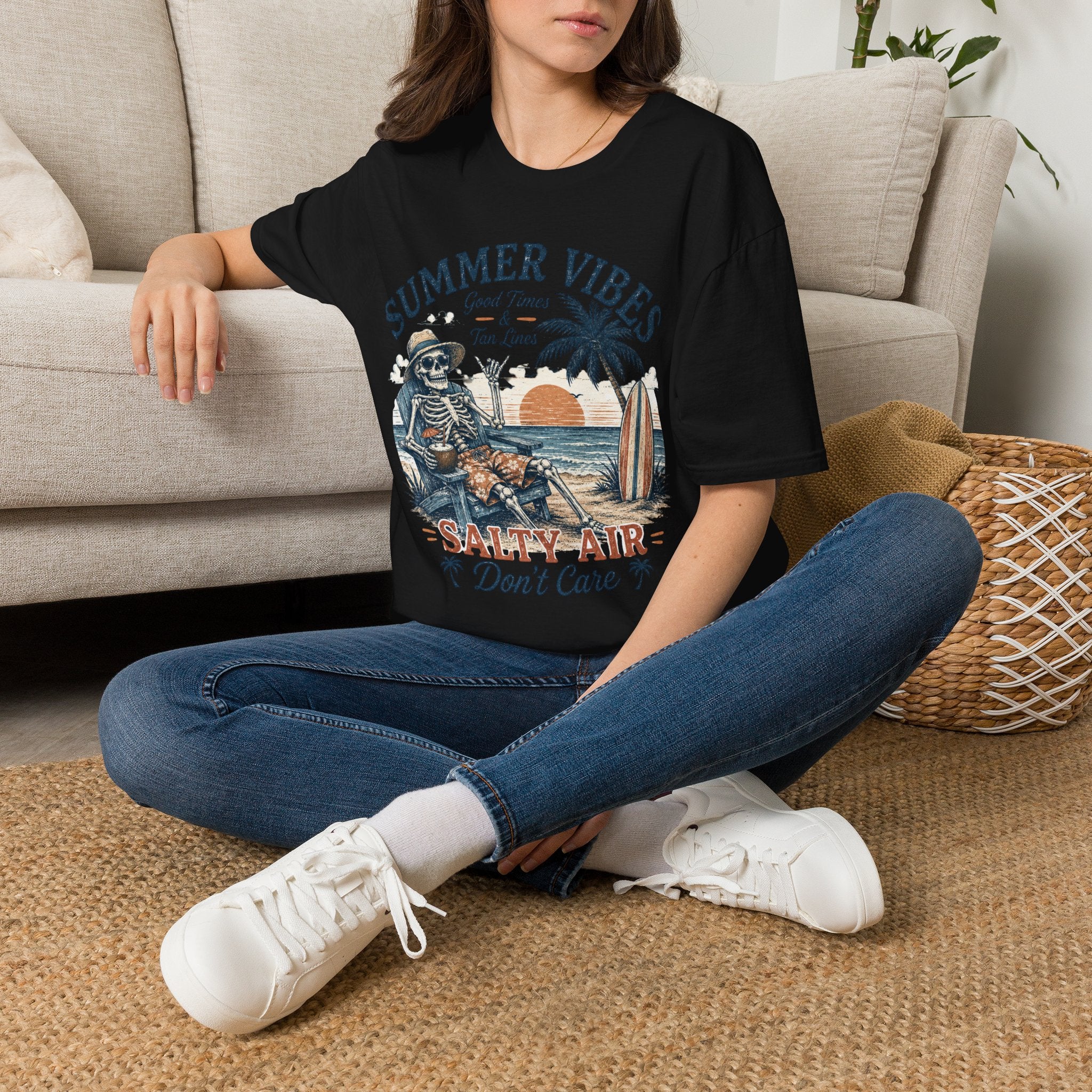 Salty Air Don't Care Skeleton Beach T-Shirt | Vintage Summer Vibes Graphic Tee | Retro Beach Vacation Shirt