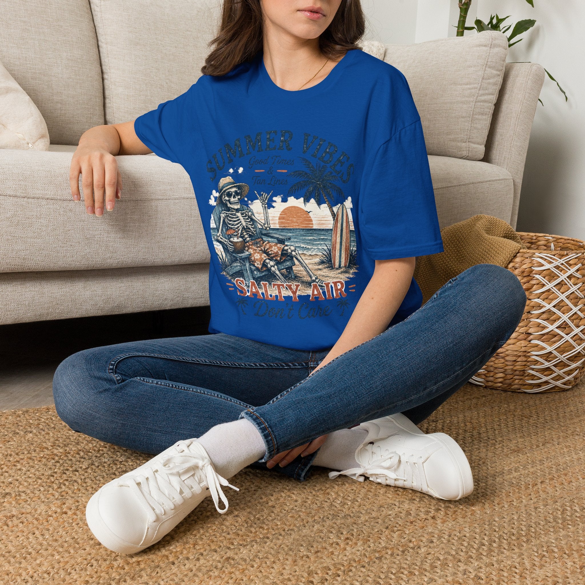 Salty Air Don't Care Skeleton Beach T-Shirt | Vintage Summer Vibes Graphic Tee | Retro Beach Vacation Shirt