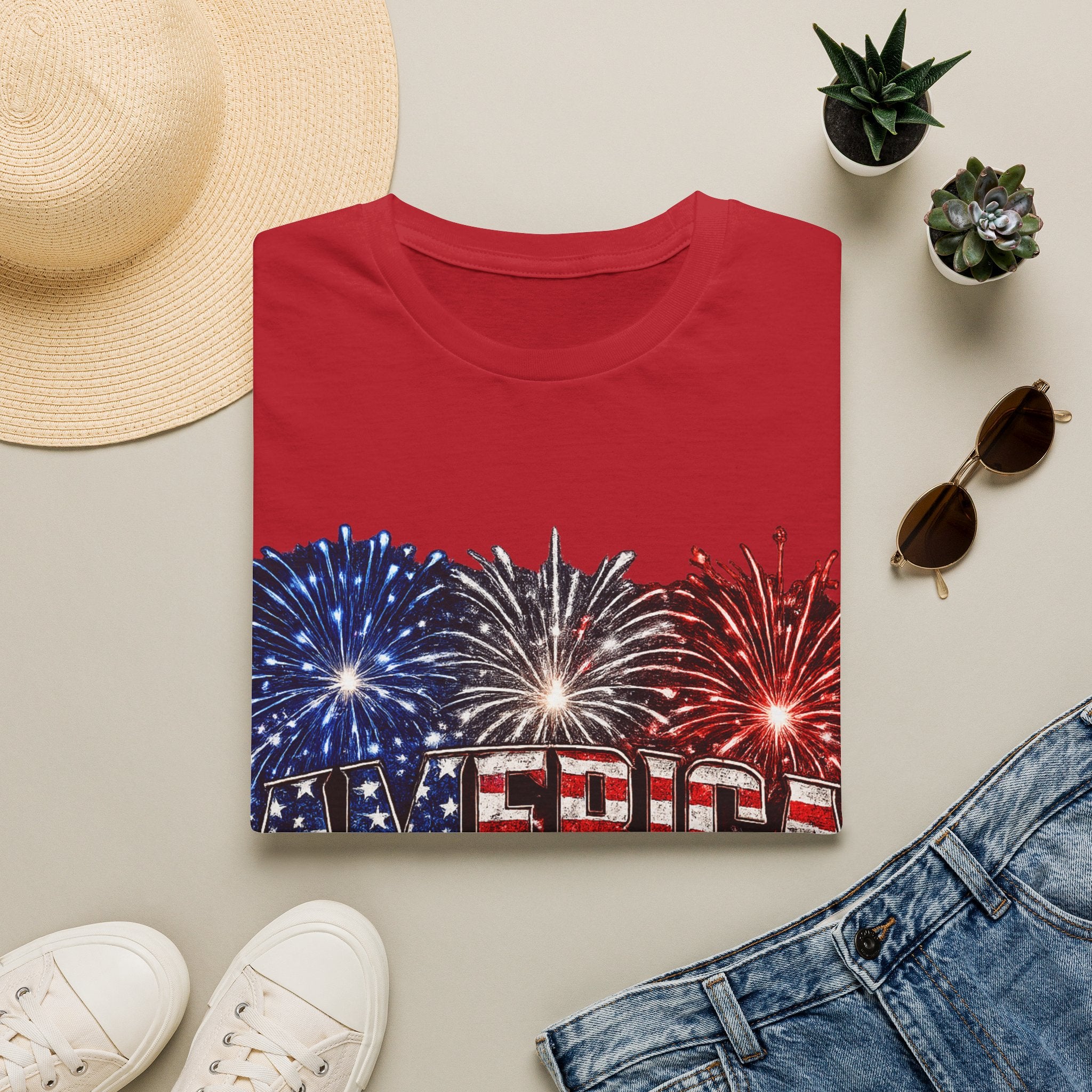 America Fireworks Patriotic T-Shirt | USA Flag Graphic Lightweight Tee | Independence Day
