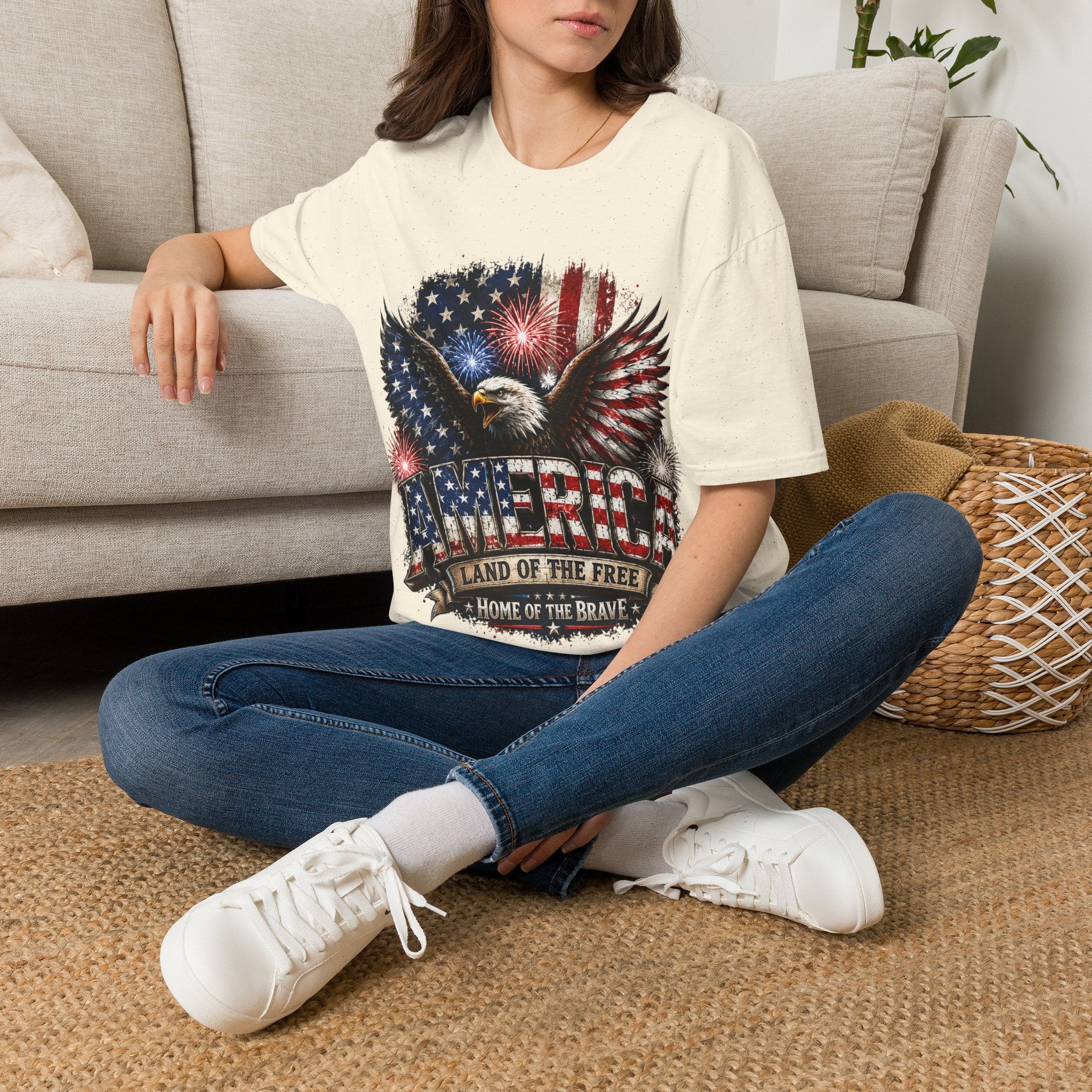 Vintage American Eagle Patriotic T-Shirt | Land of the Free Home of the Brave | USA Flag Graphic Tee