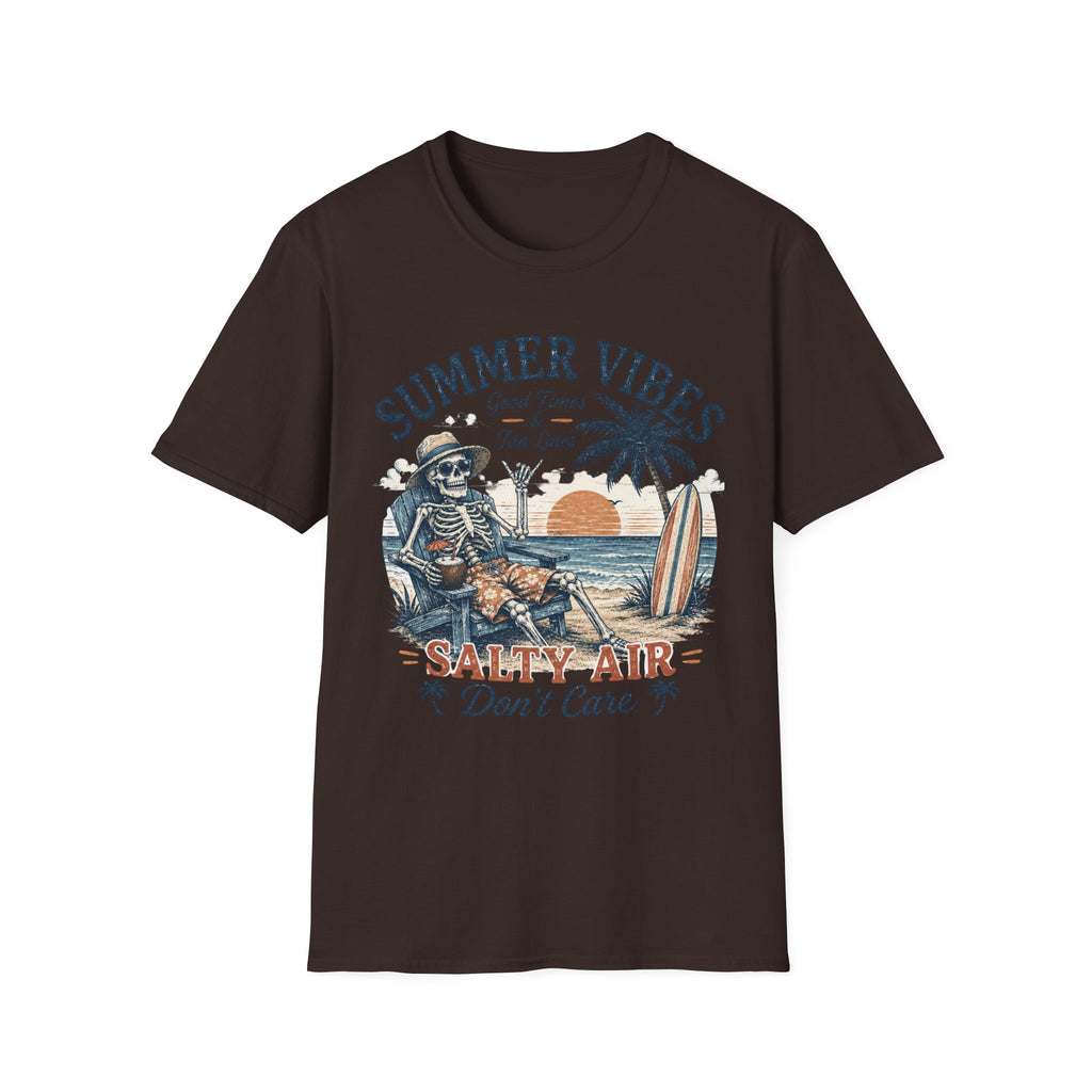 Salty Air Don't Care Skeleton Beach T-Shirt | Vintage Summer Vibes Graphic Tee | Retro Beach Vacation Shirt
