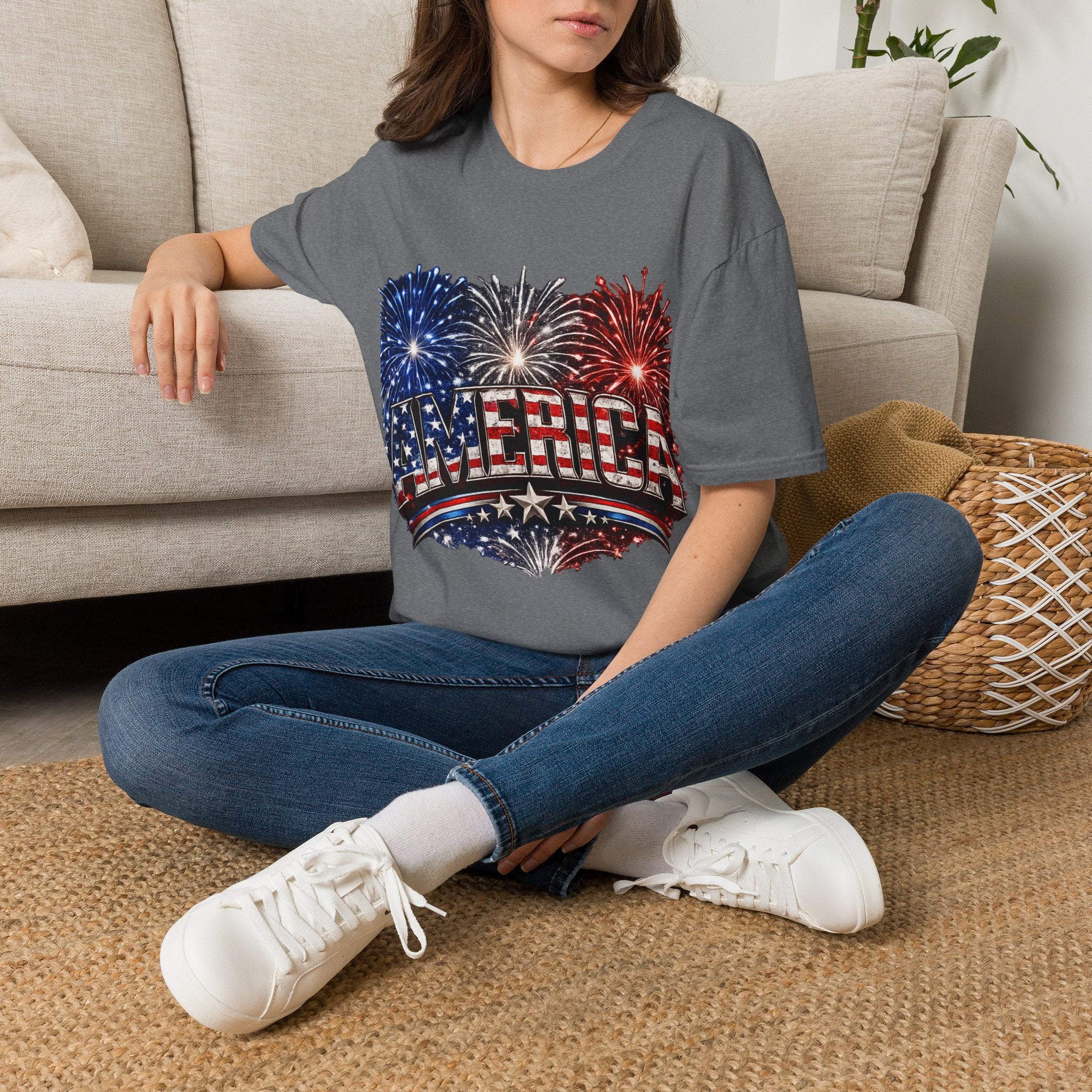 America Fireworks Patriotic T-Shirt | USA Flag Graphic Lightweight Tee | Independence Day