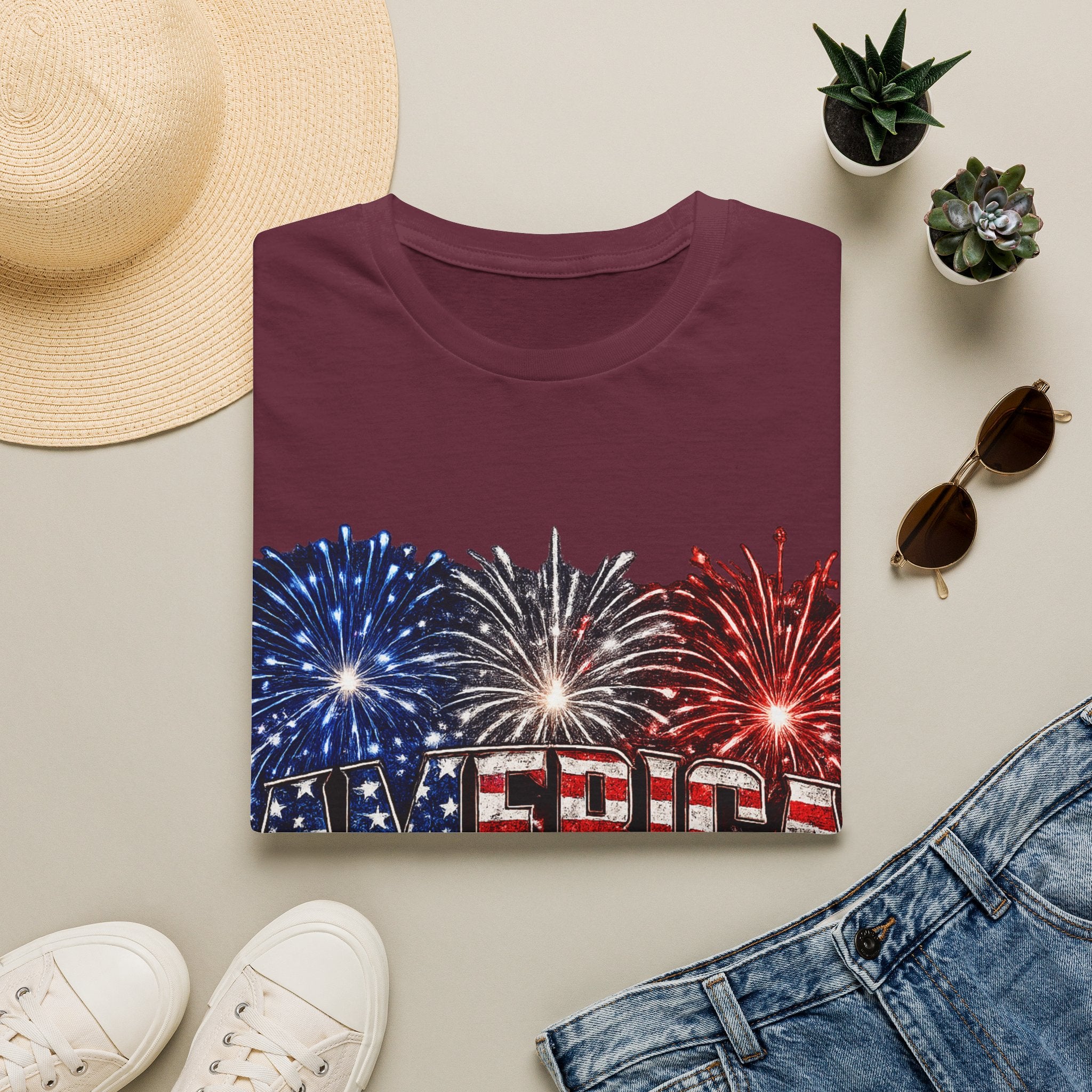 America Fireworks Patriotic T-Shirt | USA Flag Graphic Lightweight Tee | Independence Day