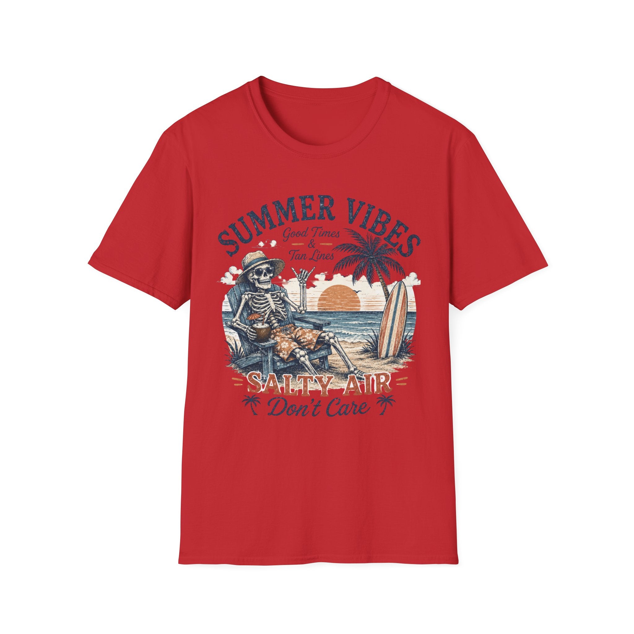 Salty Air Don't Care Skeleton Beach T-Shirt | Vintage Summer Vibes Graphic Tee | Retro Beach Vacation Shirt