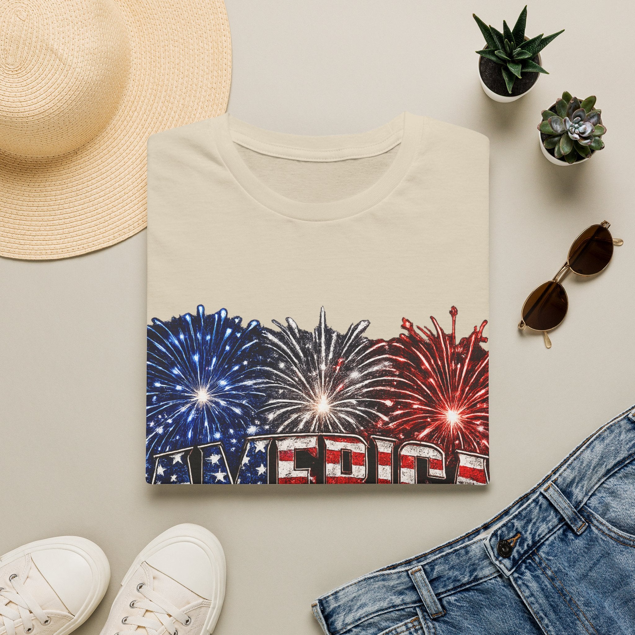 America Fireworks Patriotic T-Shirt | USA Flag Graphic Lightweight Tee | Independence Day