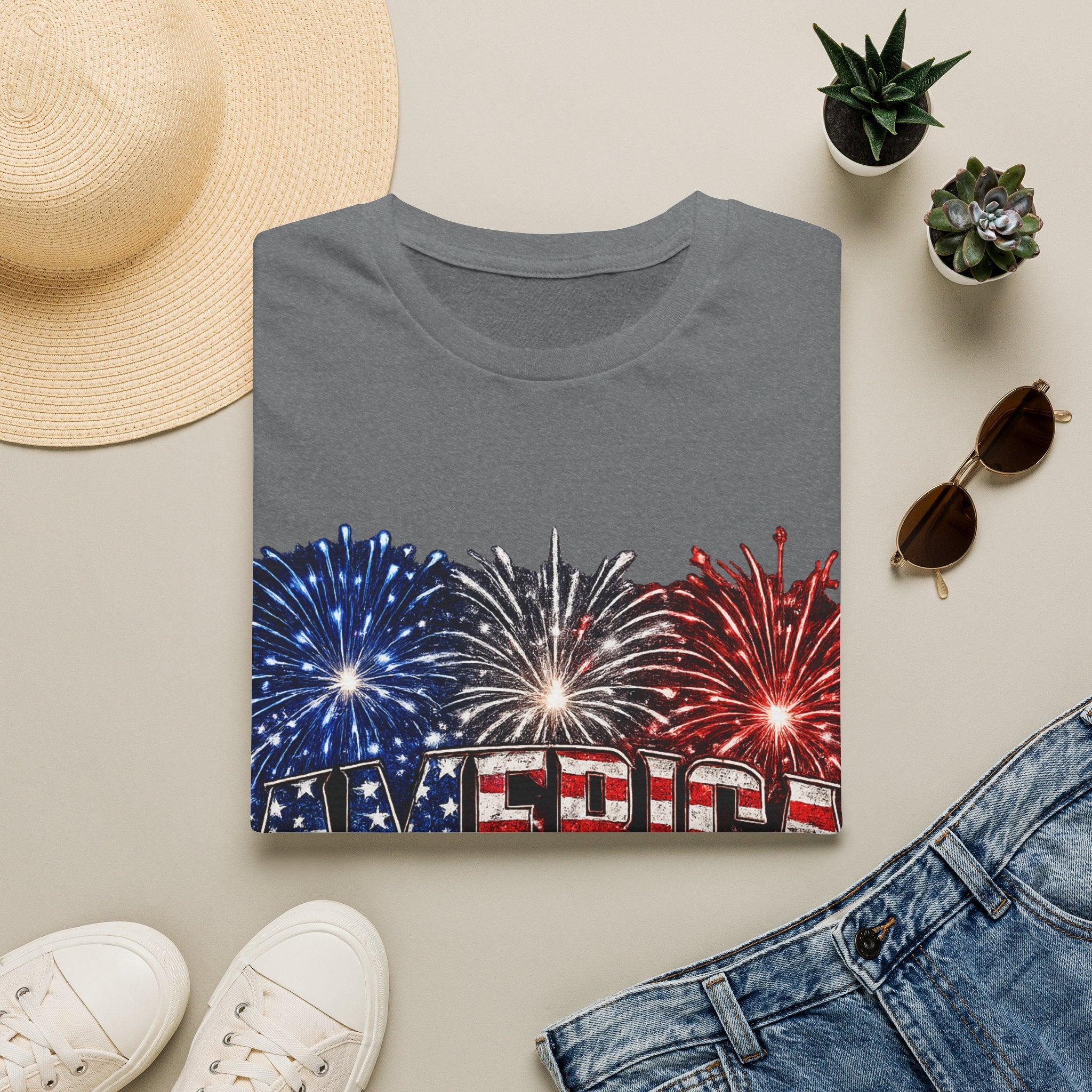 America Fireworks Patriotic T-Shirt | USA Flag Graphic Lightweight Tee | Independence Day
