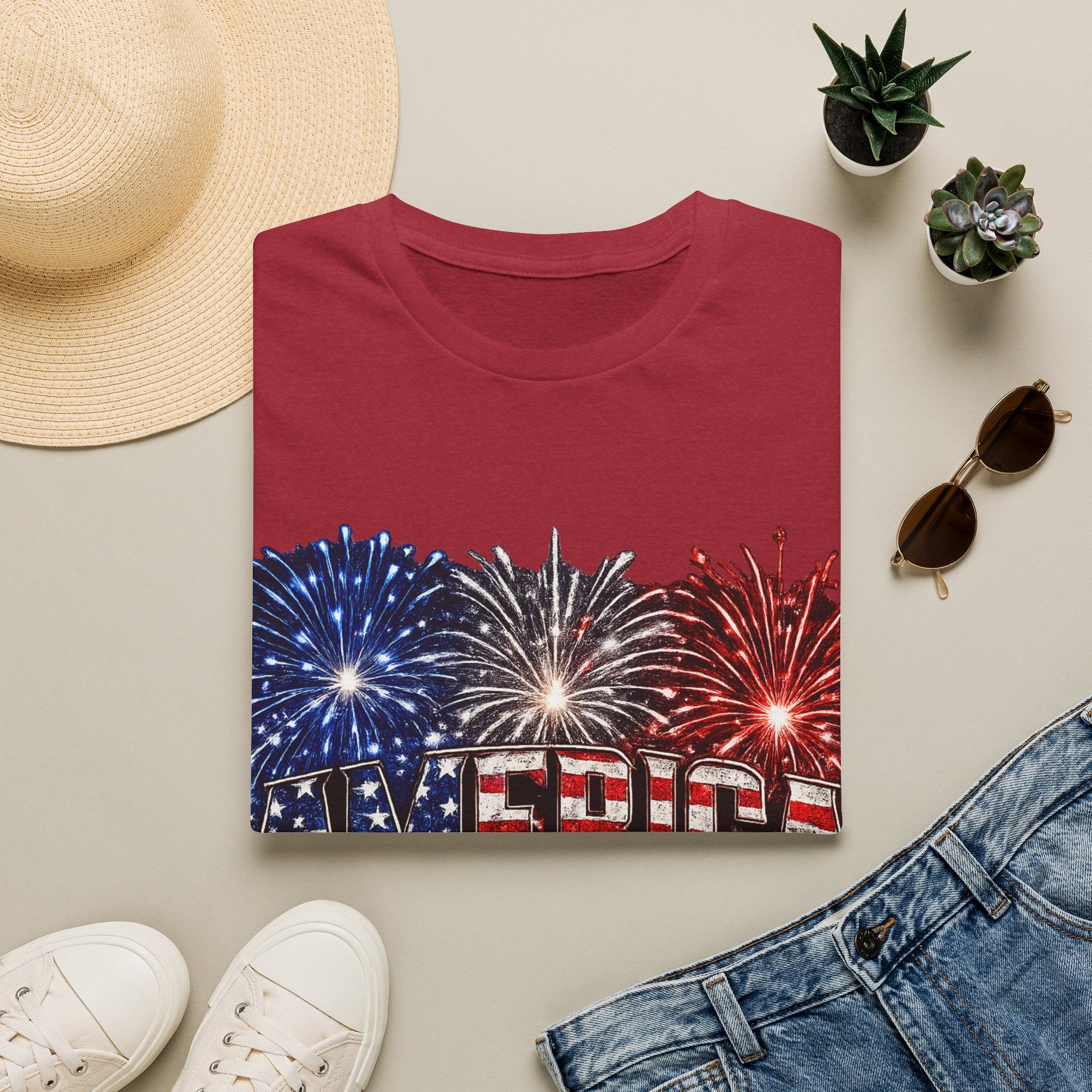 America Fireworks Patriotic T-Shirt | USA Flag Graphic Lightweight Tee | Independence Day