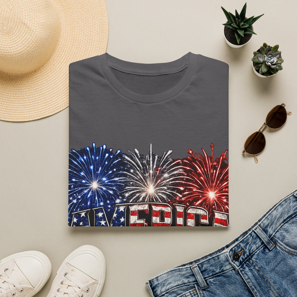 America Fireworks Patriotic T-Shirt | USA Flag Graphic Lightweight Tee | Independence Day