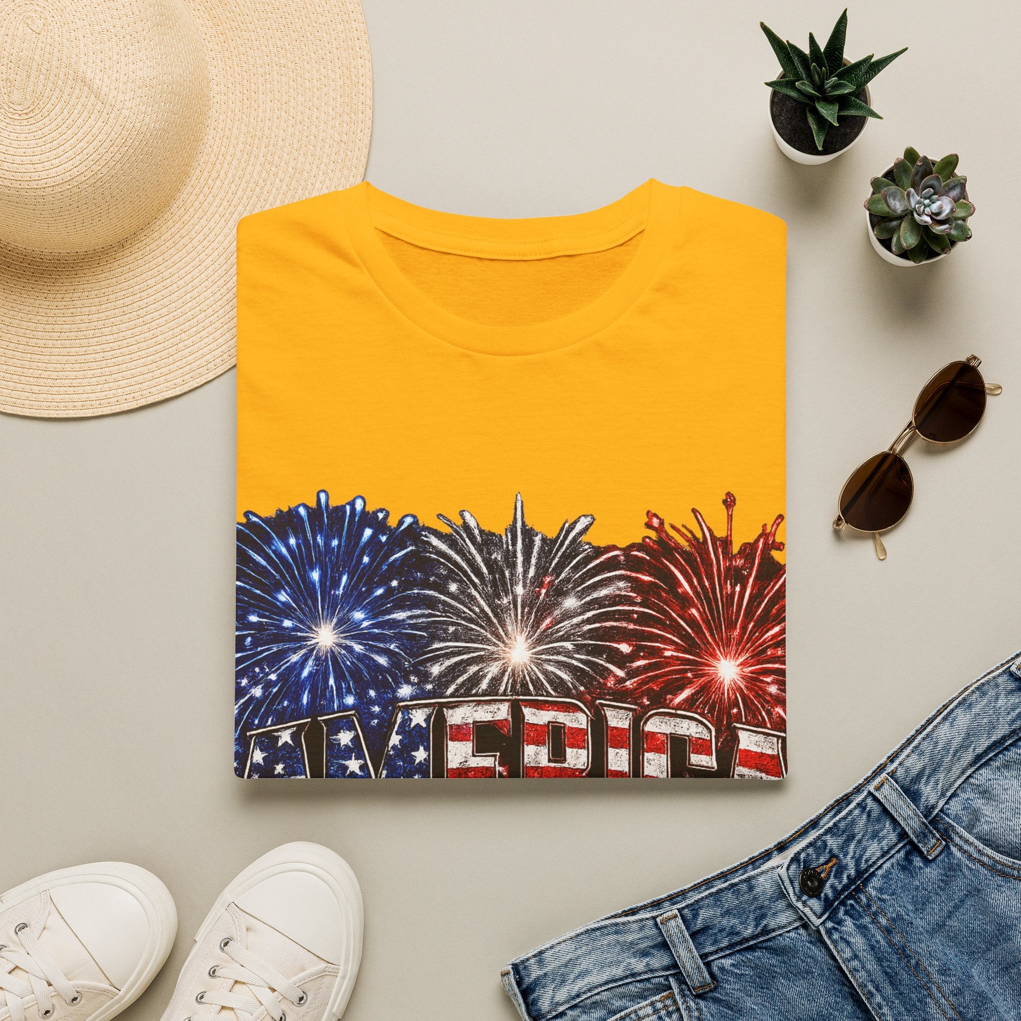 America Fireworks Patriotic T-Shirt | USA Flag Graphic Lightweight Tee | Independence Day