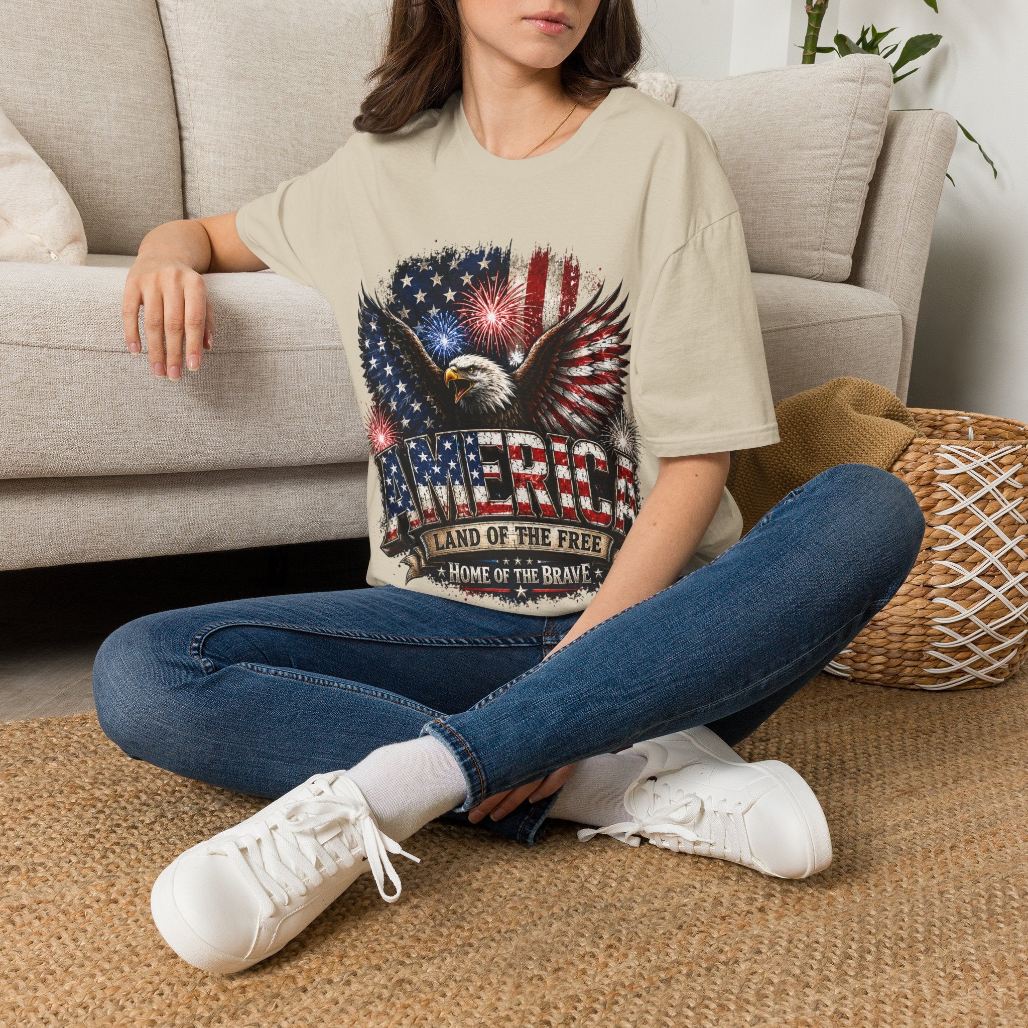 Vintage American Eagle Patriotic T-Shirt | Land of the Free Home of the Brave | USA Flag Graphic Tee