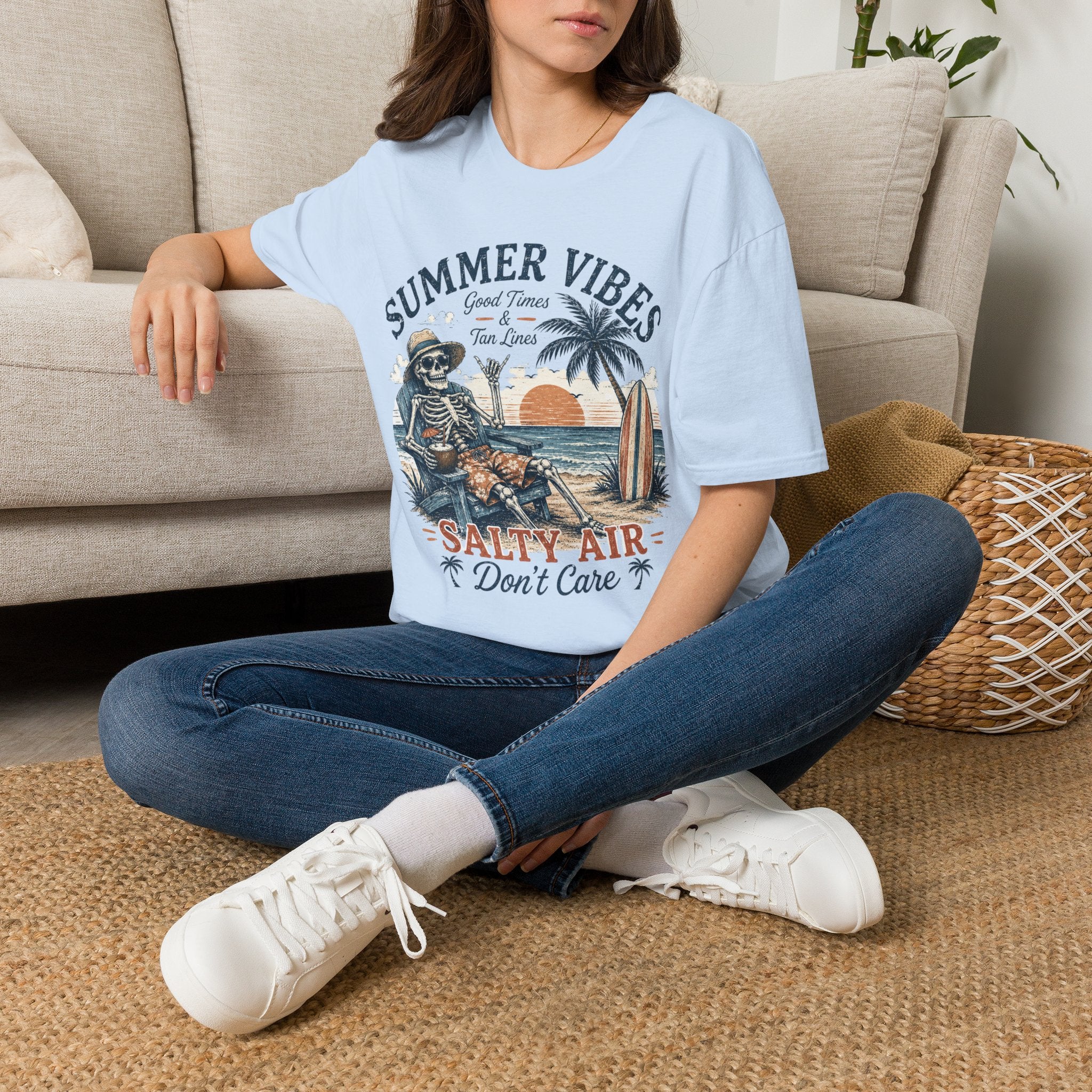 Salty Air Don't Care Skeleton Beach T-Shirt | Vintage Summer Vibes Graphic Tee | Retro Beach Vacation Shirt