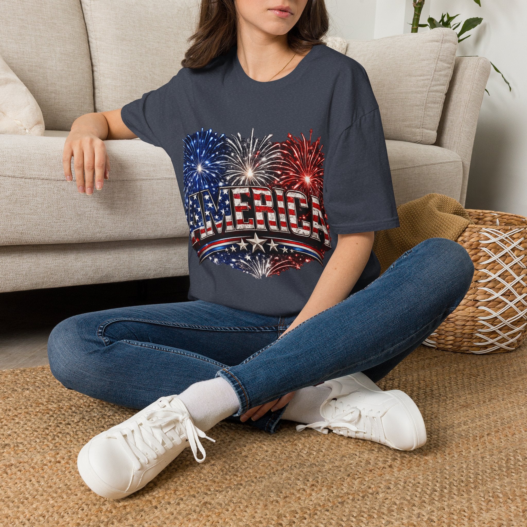 America Fireworks Patriotic T-Shirt | USA Flag Graphic Lightweight Tee | Independence Day