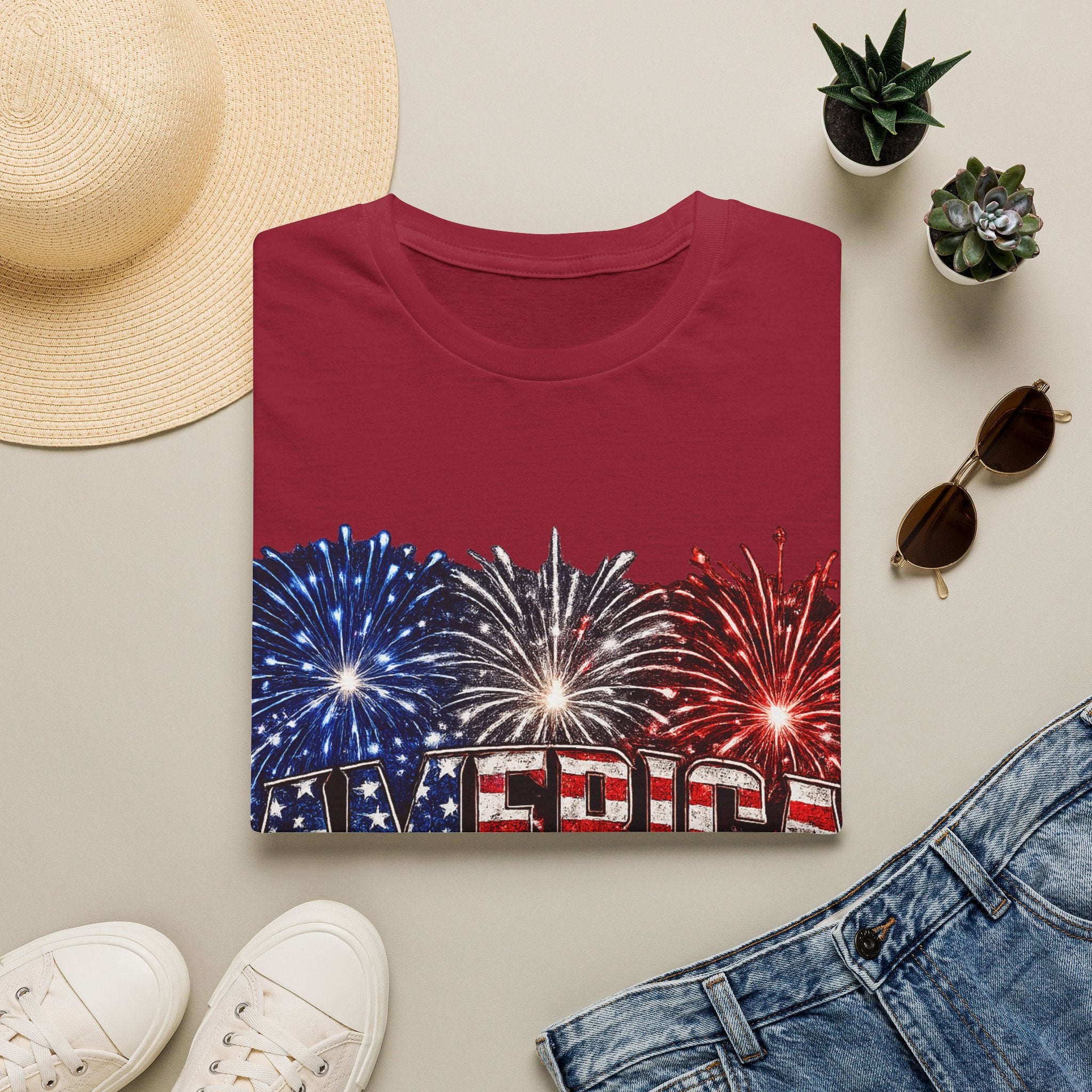 America Fireworks Patriotic T-Shirt | USA Flag Graphic Lightweight Tee | Independence Day