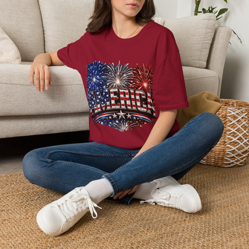 America Fireworks Patriotic T-Shirt | USA Flag Graphic Lightweight Tee | Independence Day