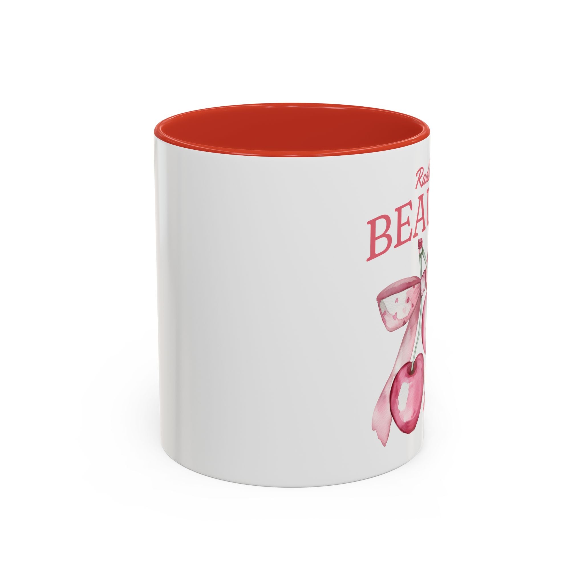 Personalized Coquette Cherry Mug, Radiate Beauty Design, Watercolor Bow Aesthetic Cup