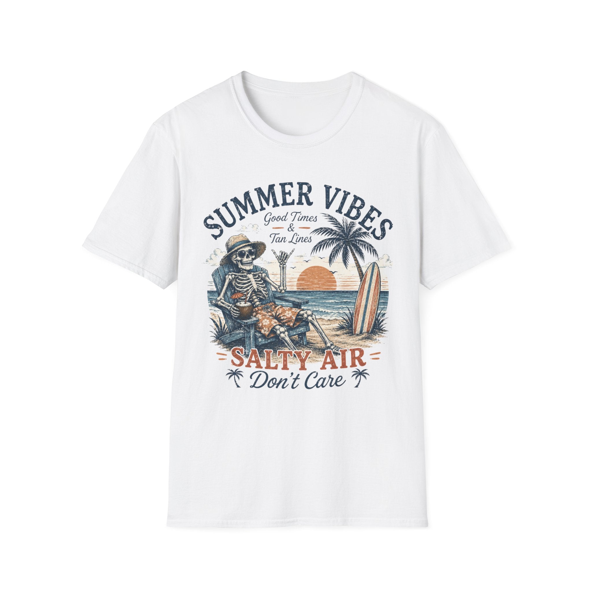 Salty Air Don't Care Skeleton Beach T-Shirt | Vintage Summer Vibes Graphic Tee | Retro Beach Vacation Shirt