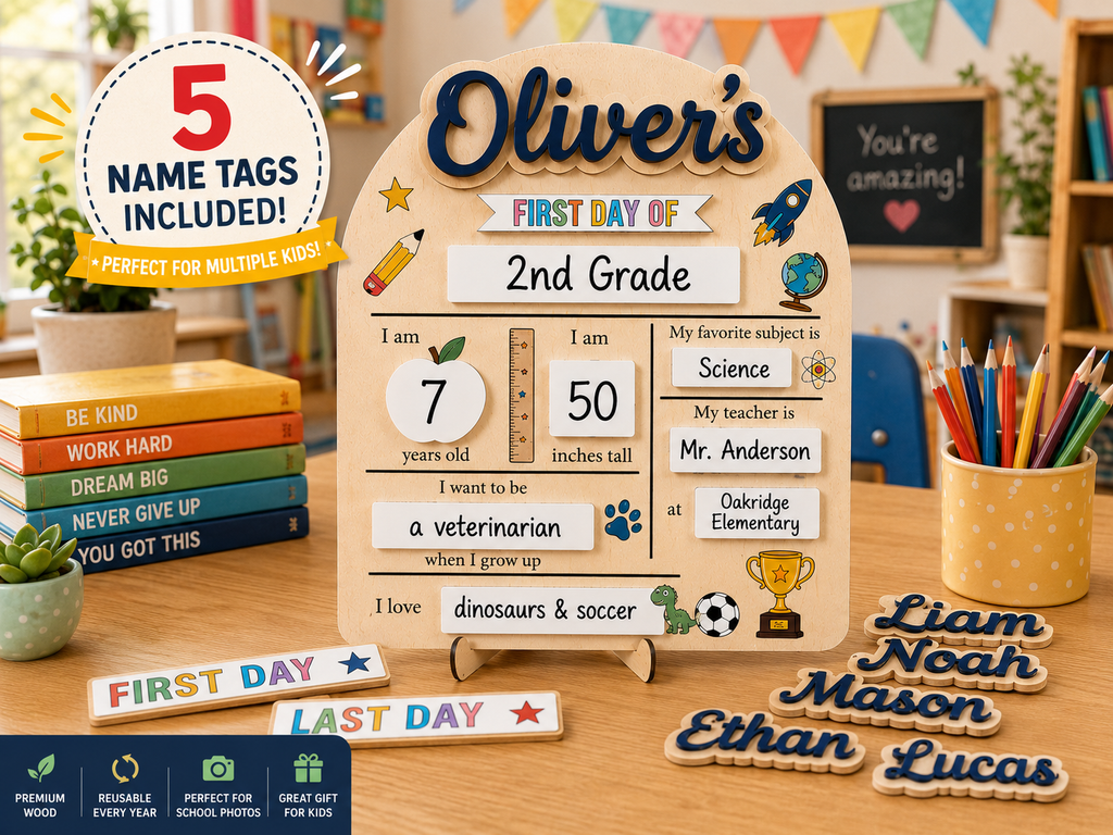COMBO Personalized First & Last Day of School Sign Set | Includes 5 Interchangeable Name Tags