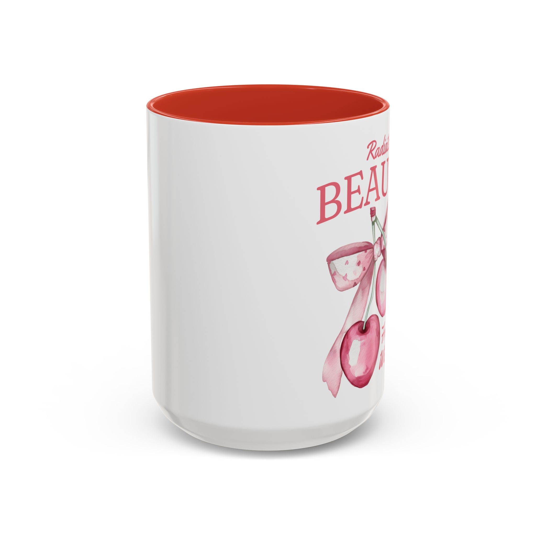 Personalized Coquette Cherry Mug, Radiate Beauty Design, Watercolor Bow Aesthetic Cup