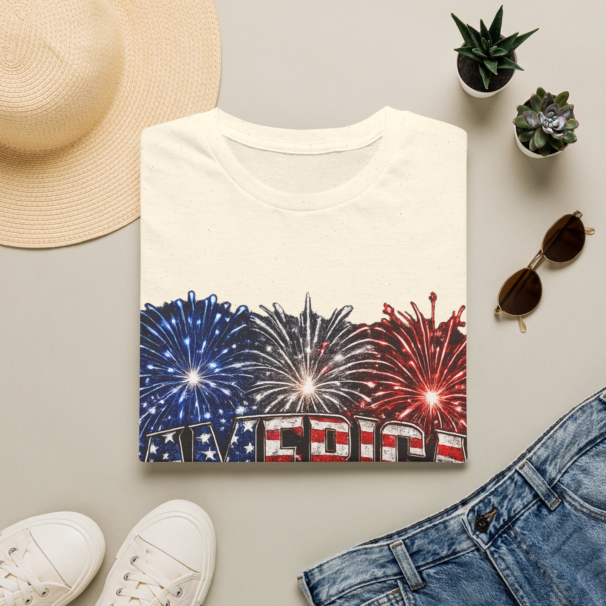 America Fireworks Patriotic T-Shirt | USA Flag Graphic Lightweight Tee | Independence Day