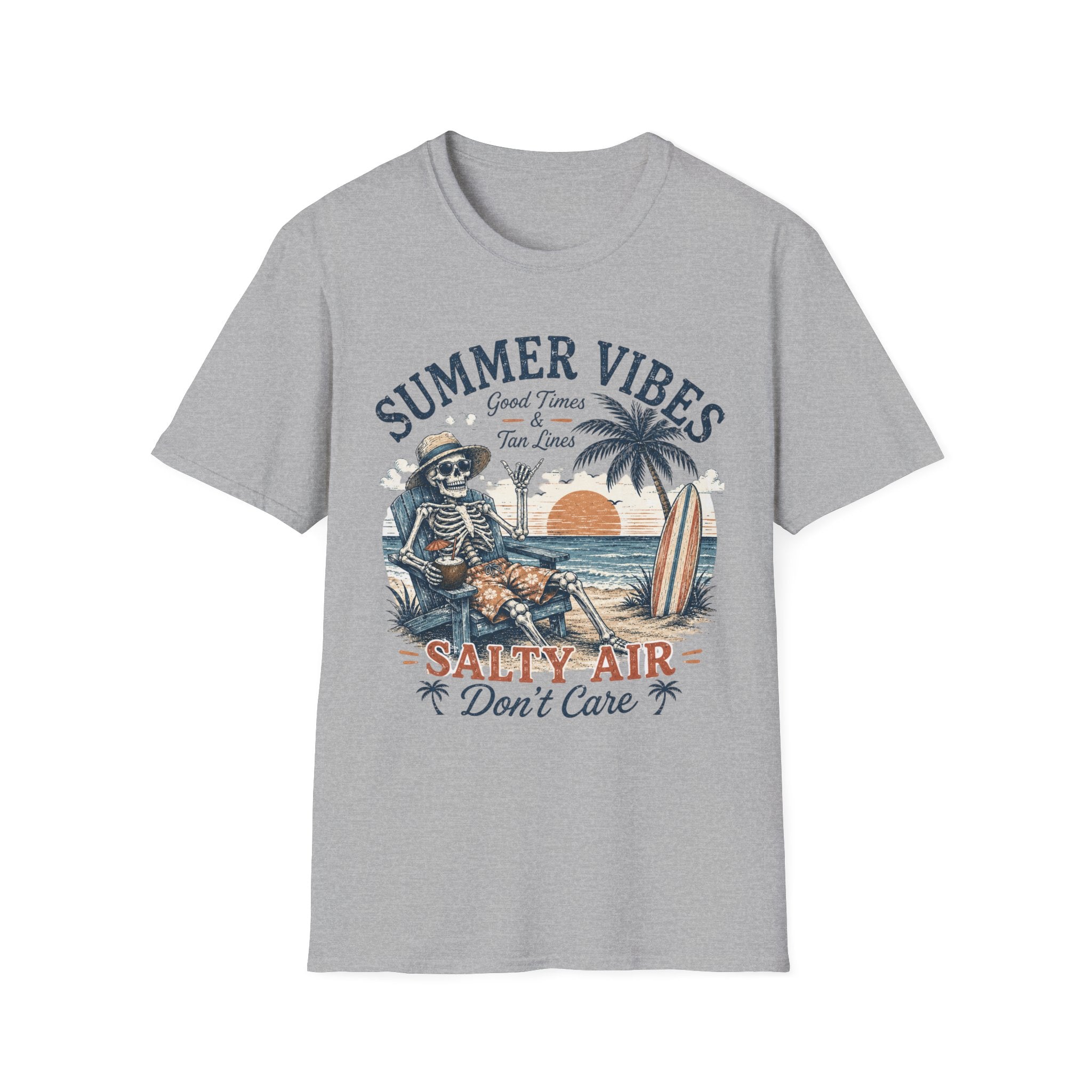 Salty Air Don't Care Skeleton Beach T-Shirt | Vintage Summer Vibes Graphic Tee | Retro Beach Vacation Shirt