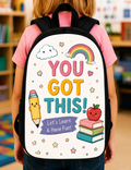 Kids backpack with 'You Got This!' design, rainbow, pencil, apple, and books for school fun