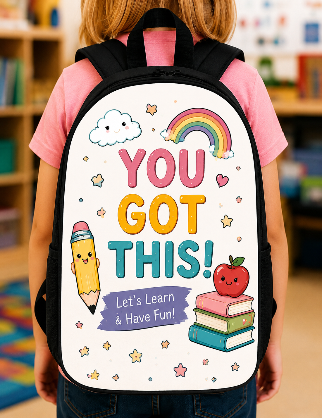 Kids backpack with 'You Got This!' design, rainbow, pencil, apple, and books for school fun