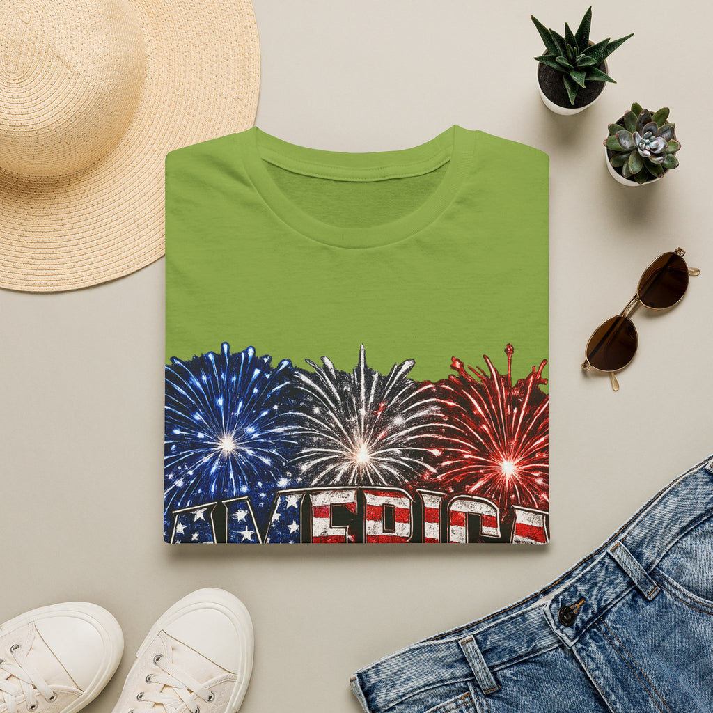 America Fireworks Patriotic T-Shirt | USA Flag Graphic Lightweight Tee | Independence Day