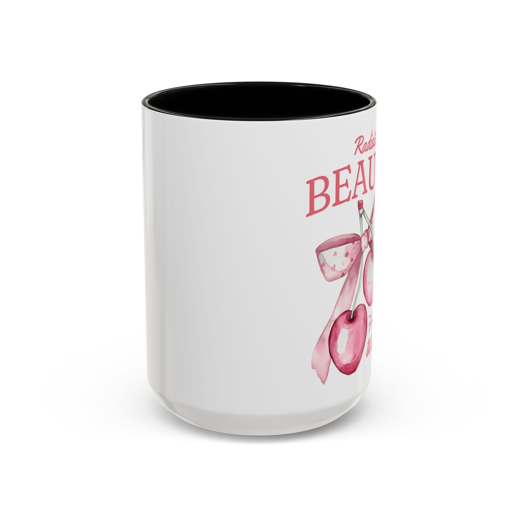 Personalized Coquette Cherry Mug, Radiate Beauty Design, Watercolor Bow Aesthetic Cup