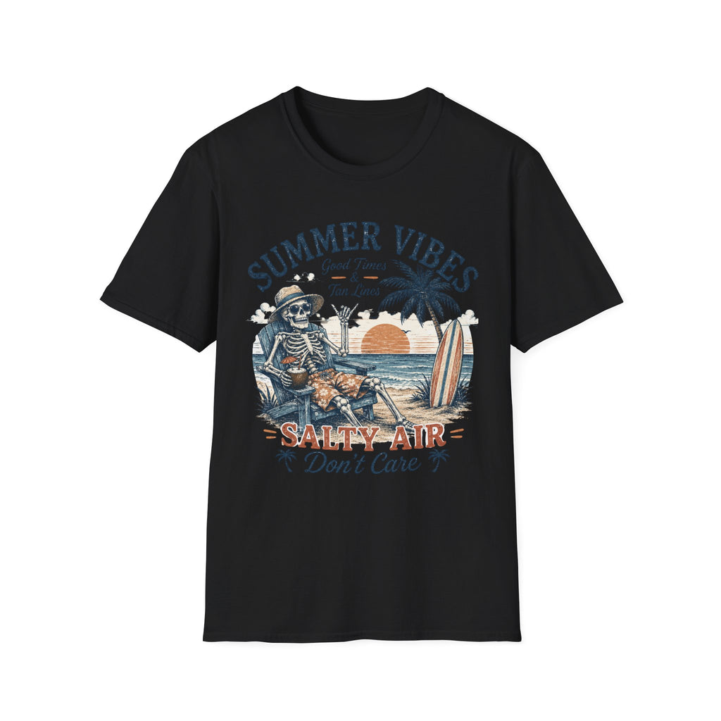 Salty Air Don't Care Skeleton Beach T-Shirt | Vintage Summer Vibes Graphic Tee | Retro Beach Vacation Shirt