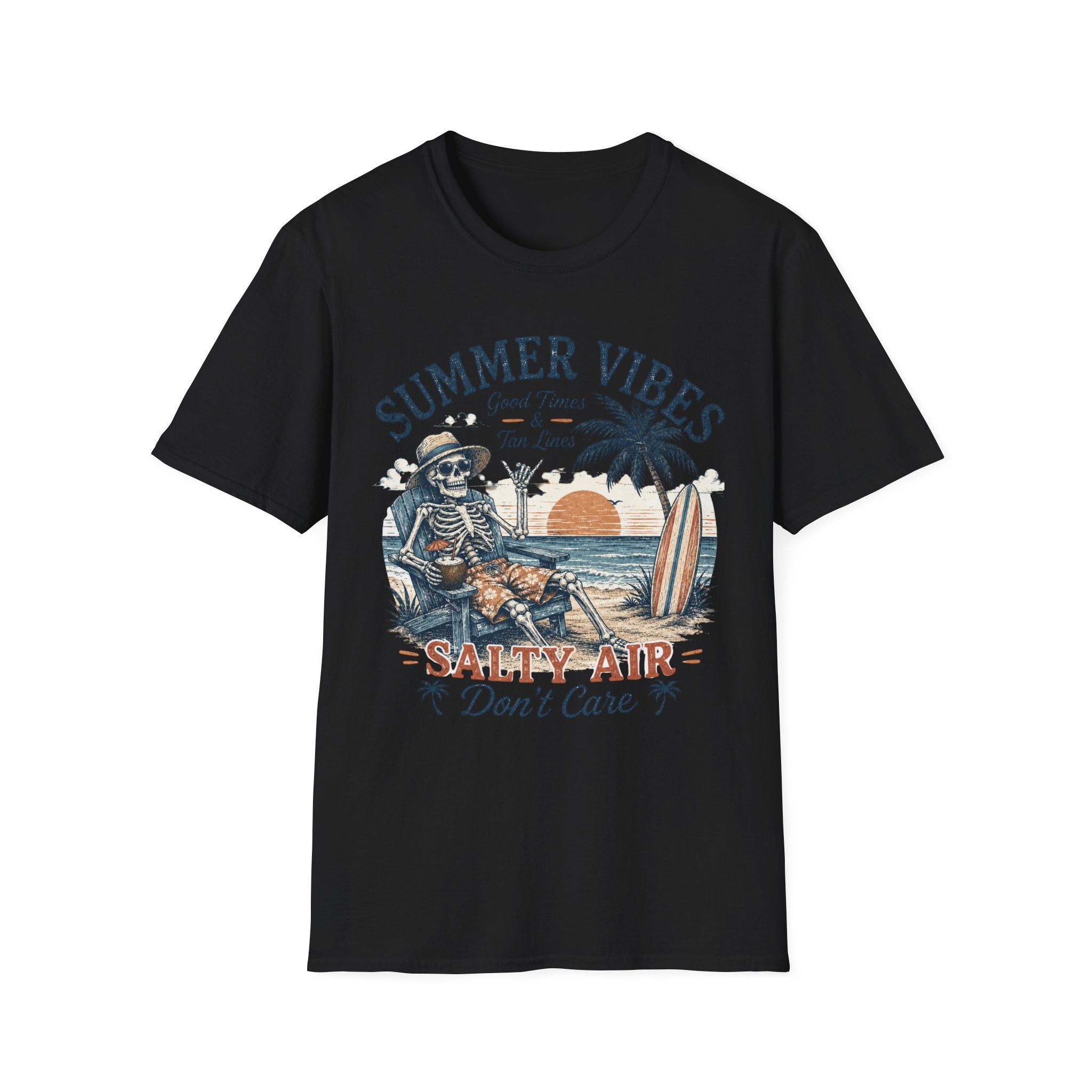 Salty Air Don't Care Skeleton Beach T-Shirt | Vintage Summer Vibes Graphic Tee | Retro Beach Vacation Shirt