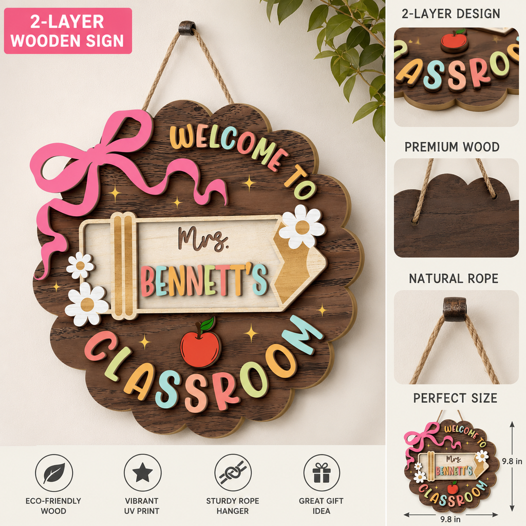 Personalized Teacher Classroom Sign, Custom Wooden Classroom Door Sign, Back to School Teacher Gift, 2 Layer Wood Name Sign, Classroom Decor