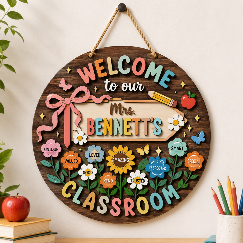 Personalized Teacher Classroom Sign, Custom Wooden Classroom Door Sign, Back to School Teacher Gift, 2 Layer Wood Name Sign, Classroom Decor