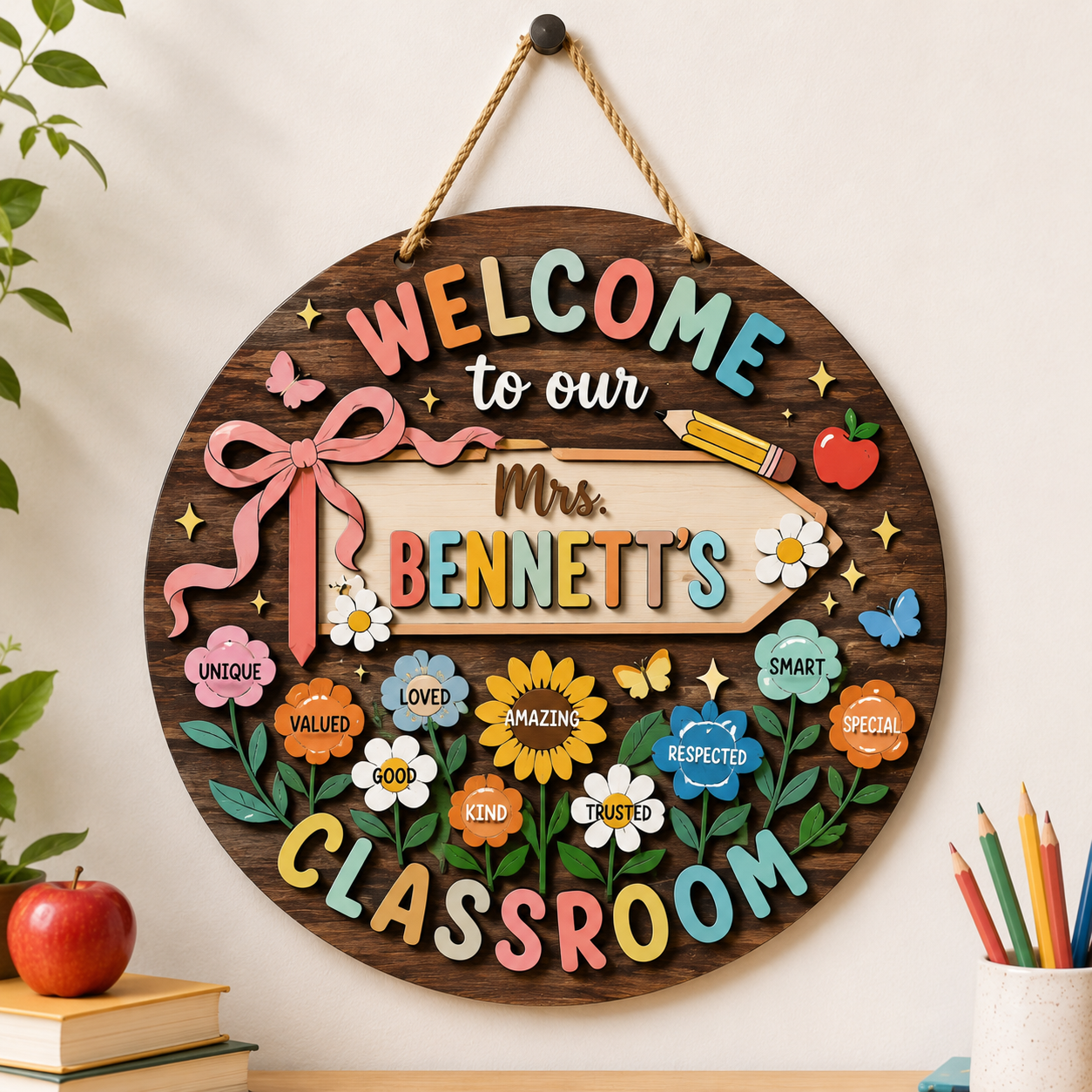Personalized Teacher Classroom Sign, Custom Wooden Classroom Door Sign, Back to School Teacher Gift, 2 Layer Wood Name Sign, Classroom Decor