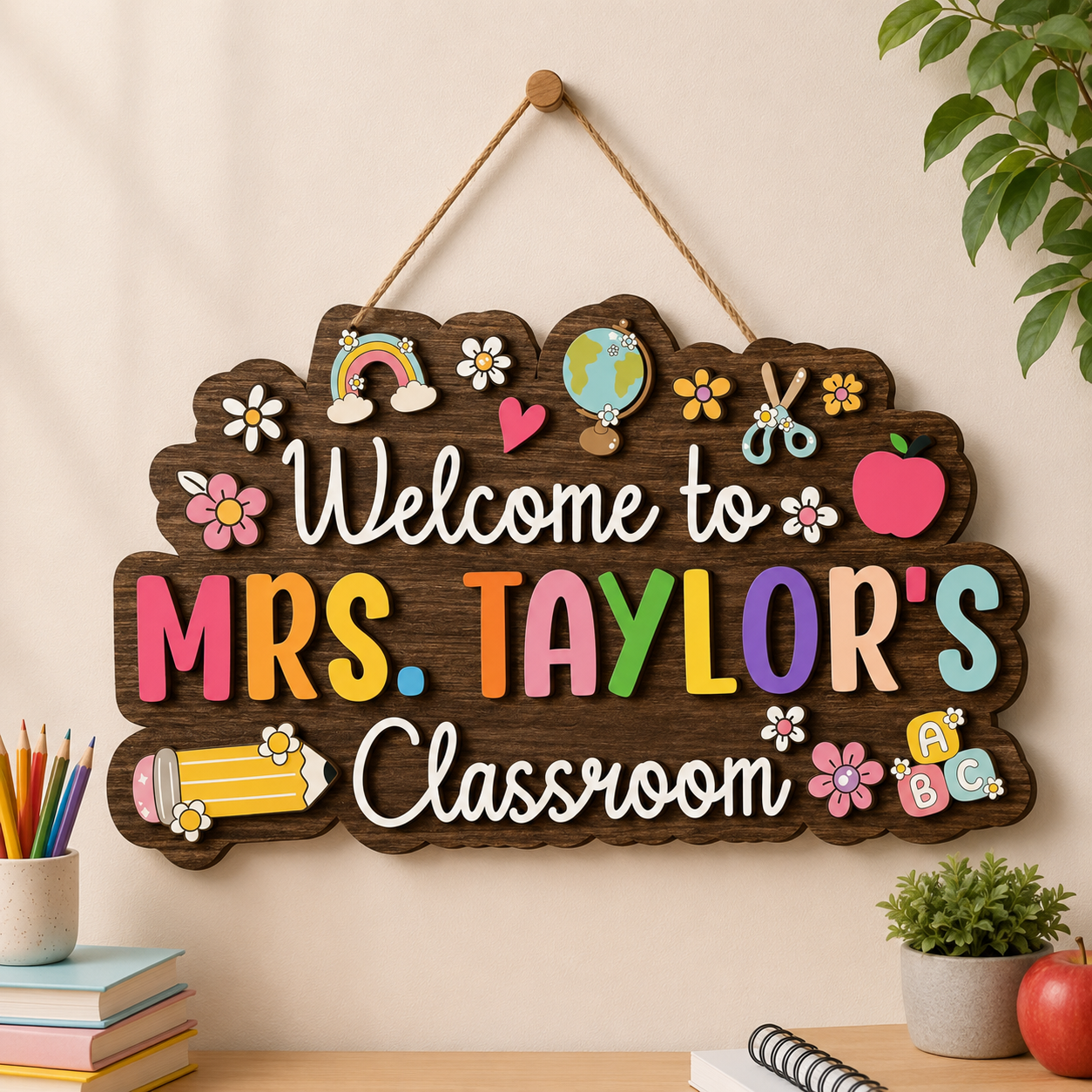 Personalized Teacher Classroom Sign, Custom Wooden Classroom Door Sign, Back to School Teacher Gift, 2 Layer Wood Name Sign, Classroom Decor
