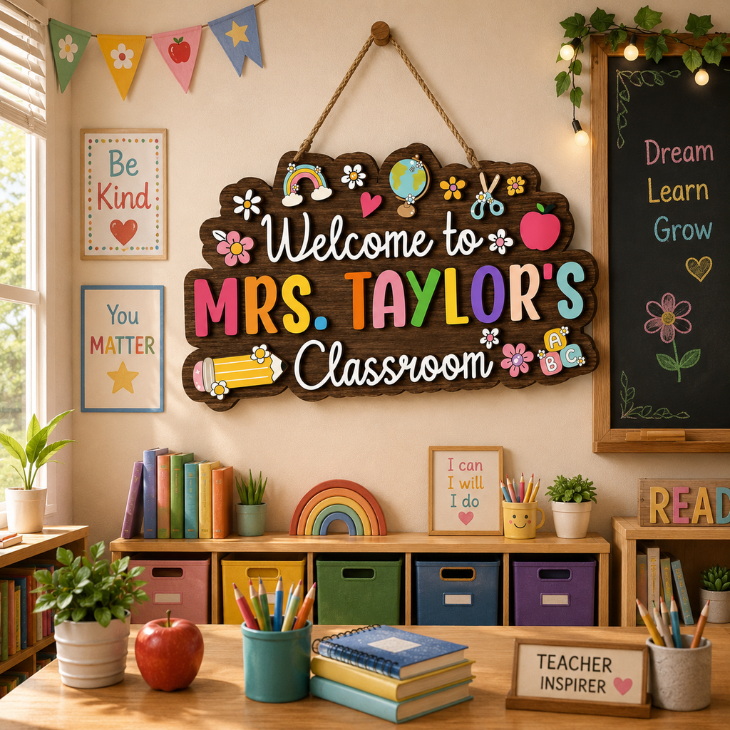 Personalized Teacher Classroom Sign, Custom Wooden Classroom Door Sign, Back to School Teacher Gift, 2 Layer Wood Name Sign, Classroom Decor