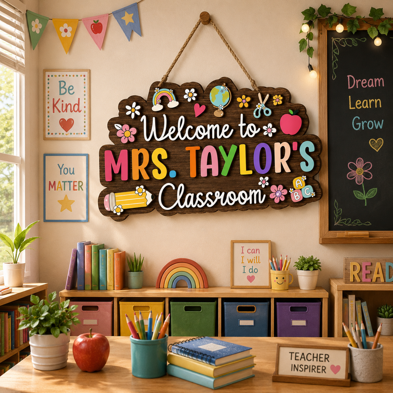 Personalized Teacher Classroom Sign, Custom Wooden Classroom Door Sign, Back to School Teacher Gift, 2 Layer Wood Name Sign, Classroom Decor