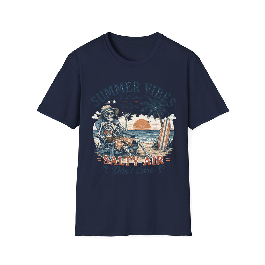 Salty Air Don't Care Skeleton Beach T-Shirt | Vintage Summer Vibes Graphic Tee | Retro Beach Vacation Shirt