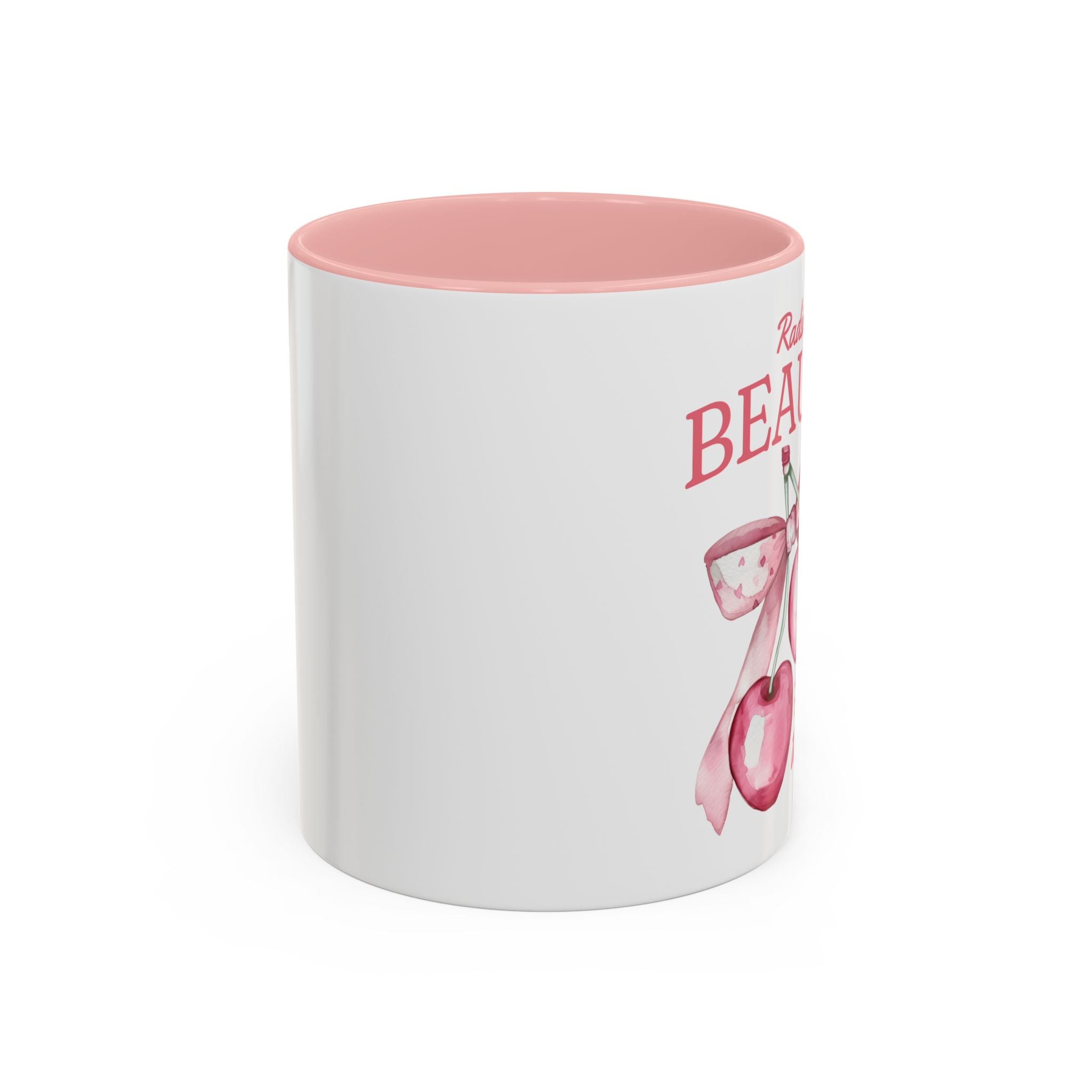 Personalized Coquette Cherry Mug, Radiate Beauty Design, Watercolor Bow Aesthetic Cup